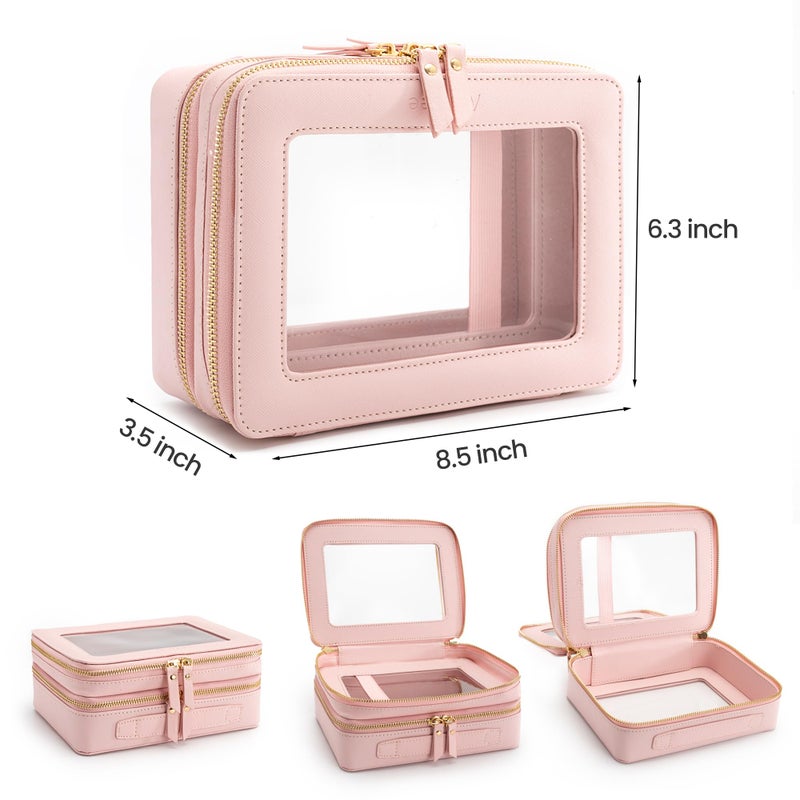Aveniee XL Clear Makeup Organizer,Double Layer Travel Cosmetic Case with Brush Holder & Zippered Compartments, Large Toiletry Bag Train Case for Women,2 Layers, Pink - Image 2